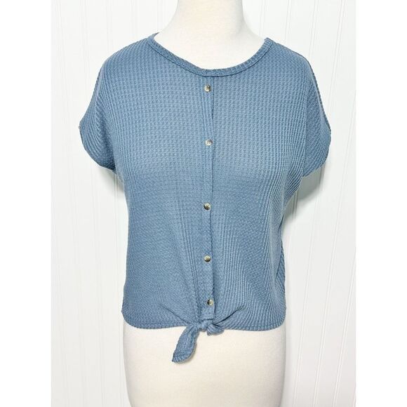 Crown of Hearts Women's Salina Tie Front Button-Down Waffle Knit Top Blue Large - Picture 11 of 11